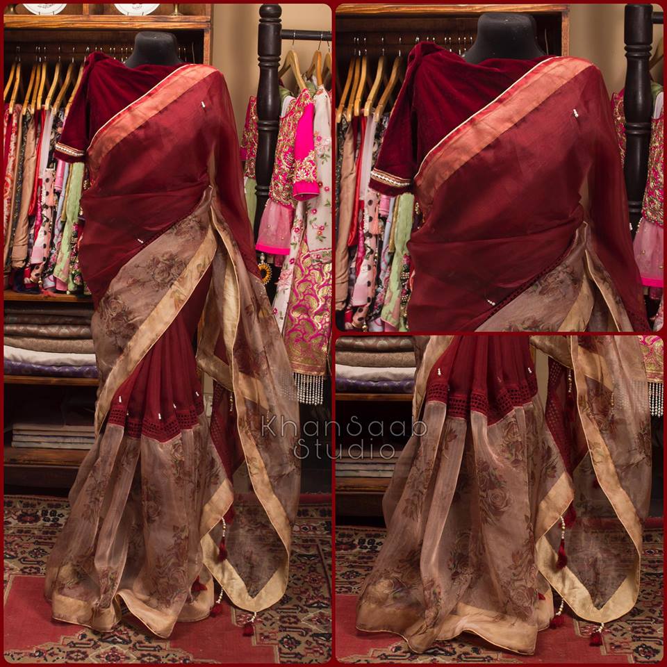 51567814_2058674430836167_980144870188384256_n Maroon muslin and organza mix saree