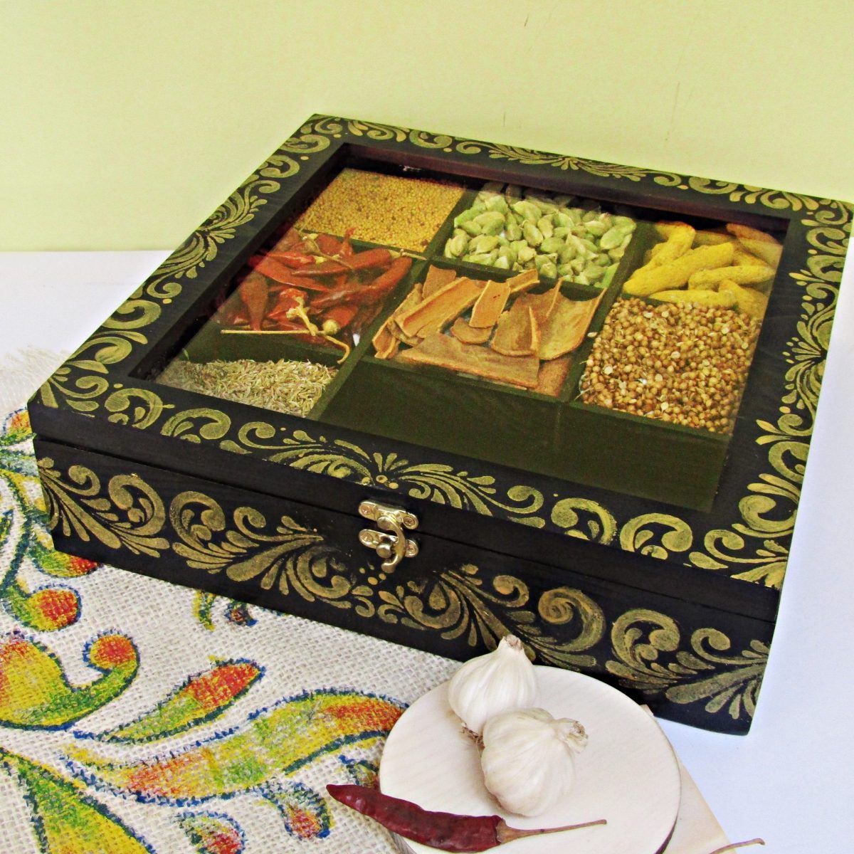 Handcrafted Wooden Spice Box With Spoon