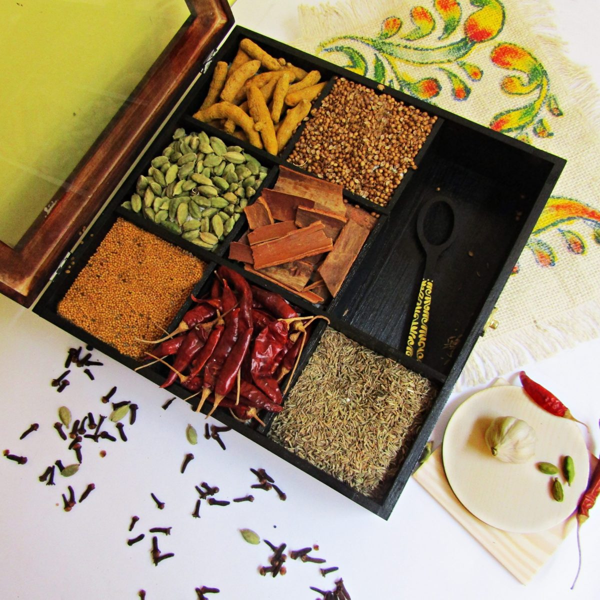 Handcrafted Wooden Spice Box With Spoon