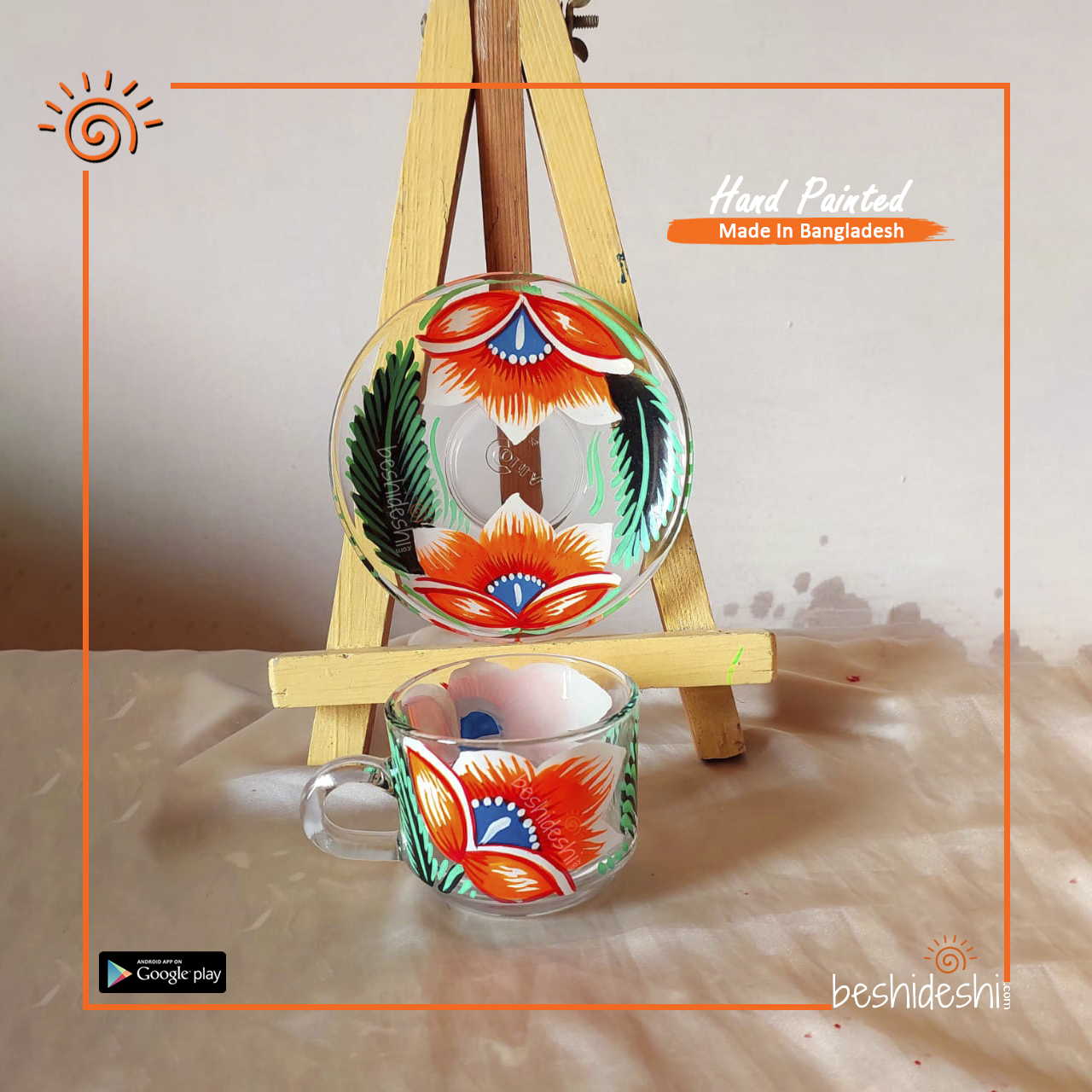 02 Rickshaw Painted Glass Cup With Saucer Set