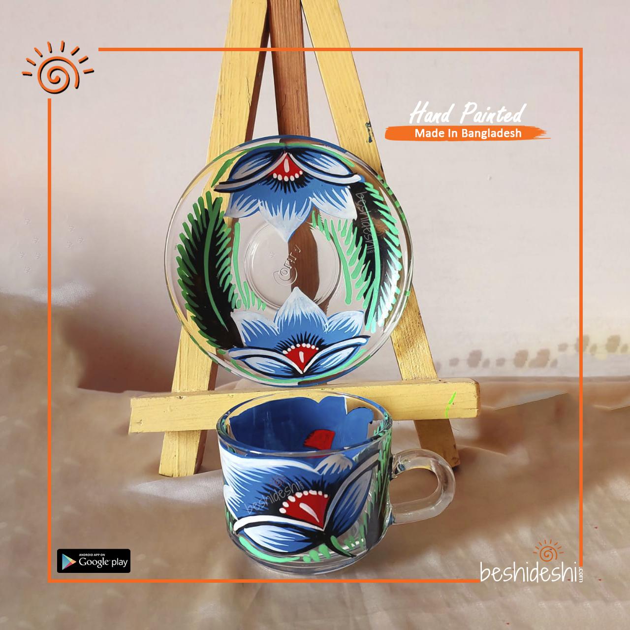 03 Rickshaw Painted Glass Cup With Saucer Set