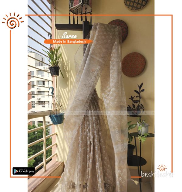 Shet Chandan Organza Block Print Saree