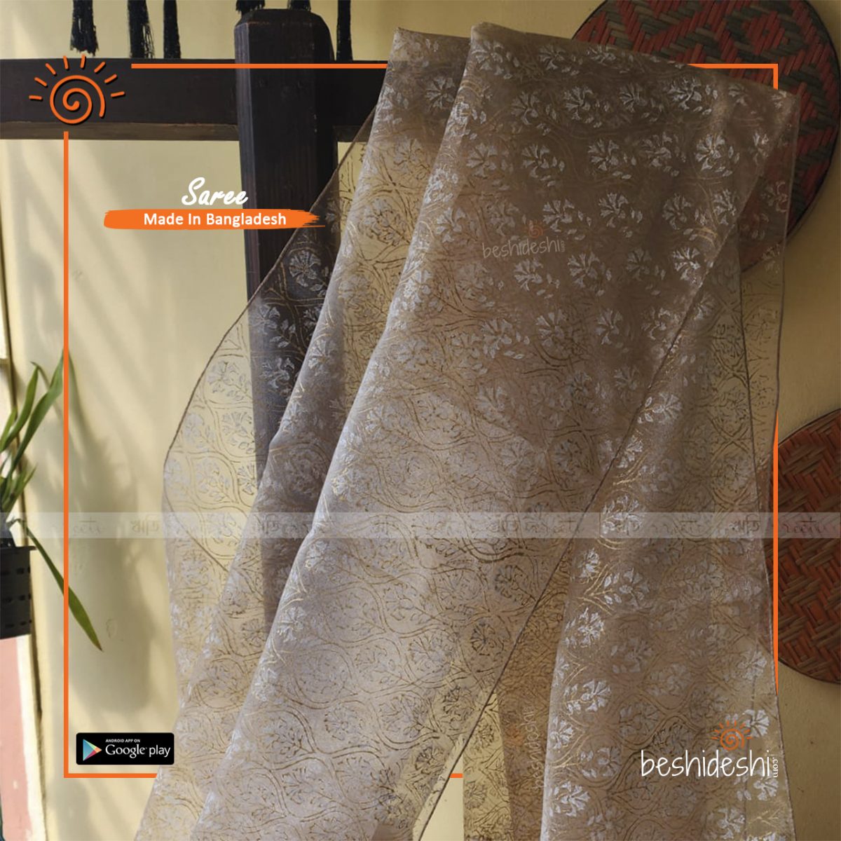 Shet Chandan Organza Block Print Saree