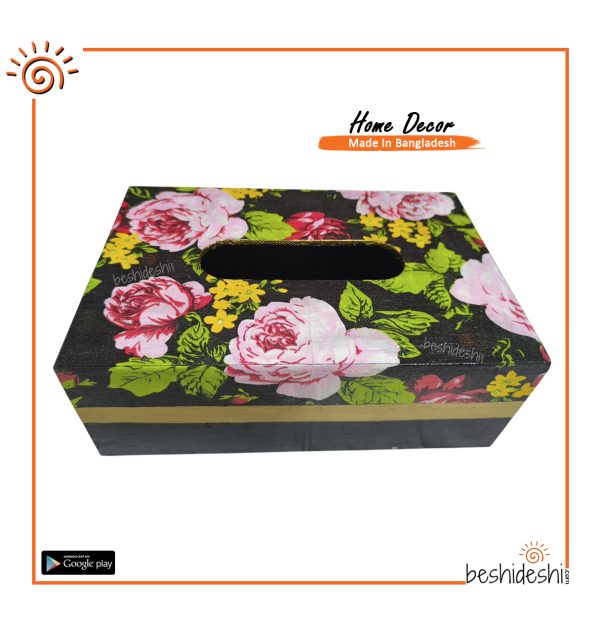 Hand Painted Black Floral Decoupage Tissue Box
