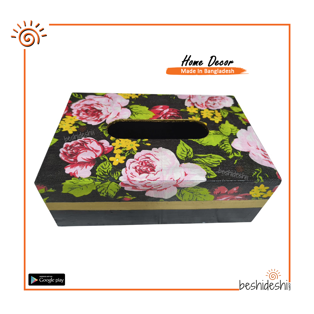 01 Hand Painted Black Floral Decoupage Tissue Box