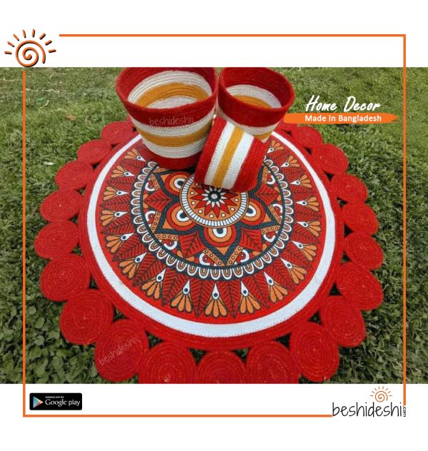 Jute Floor Mat With Basket Set