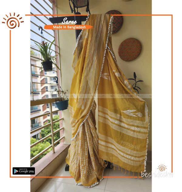 Yellow Tulip Handloom Block Print Saree