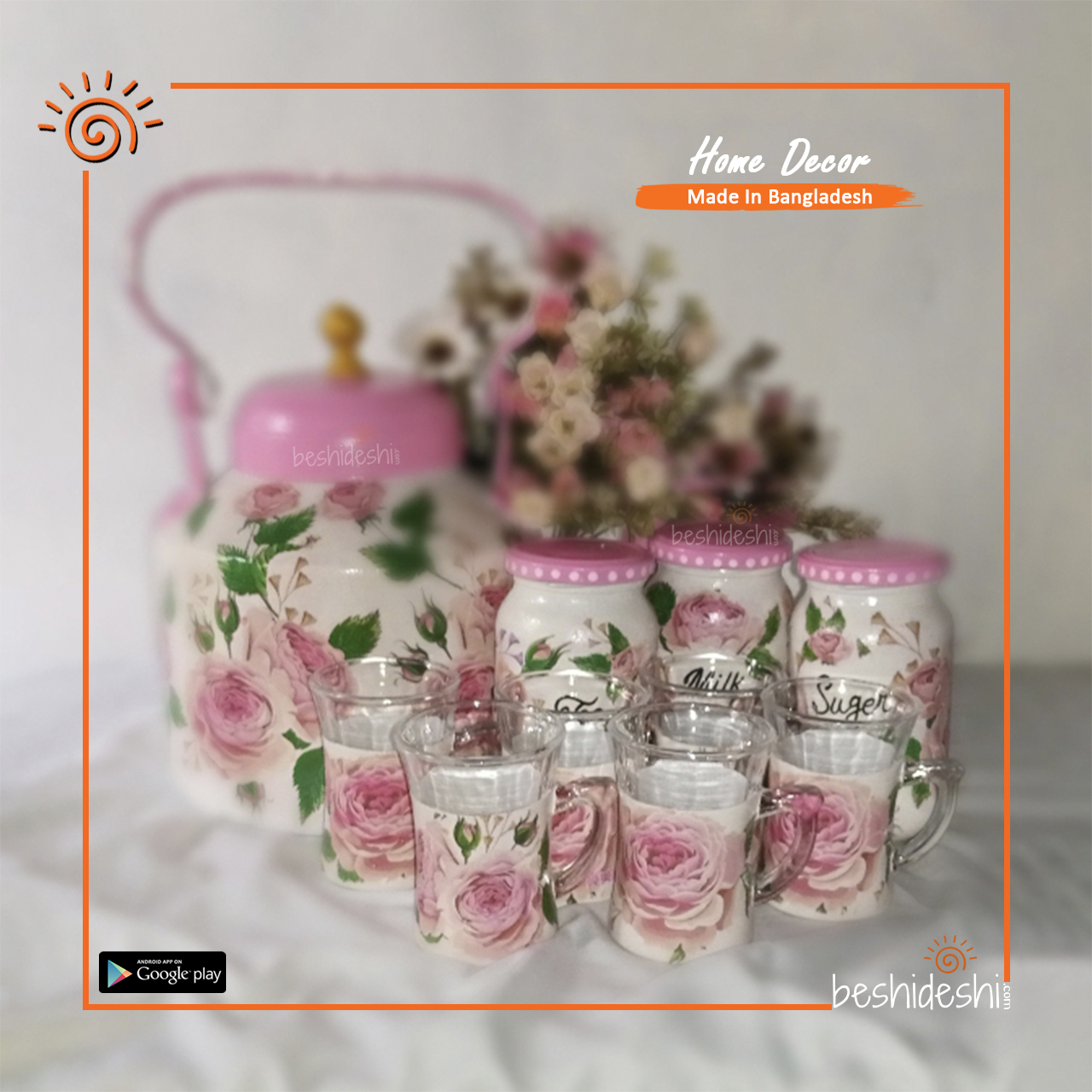 01 Hand Painted Decoupage Kettle with Tea Cup & Glass Jar Set