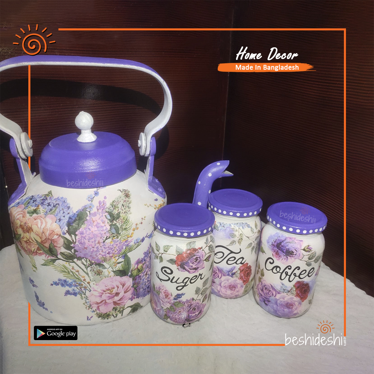 02 Hand Painted Decoupage Kettle & Glass Jar Set