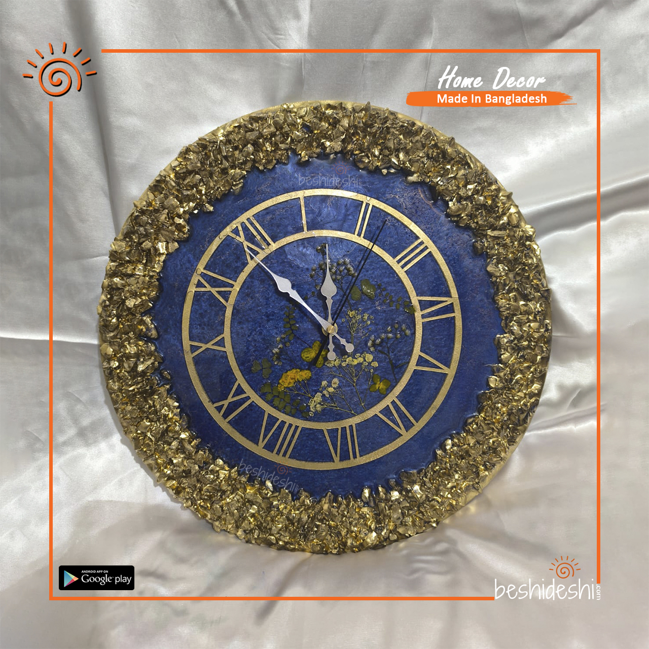 01 Handmade Resin Wall Clock Golden Blue (Big)