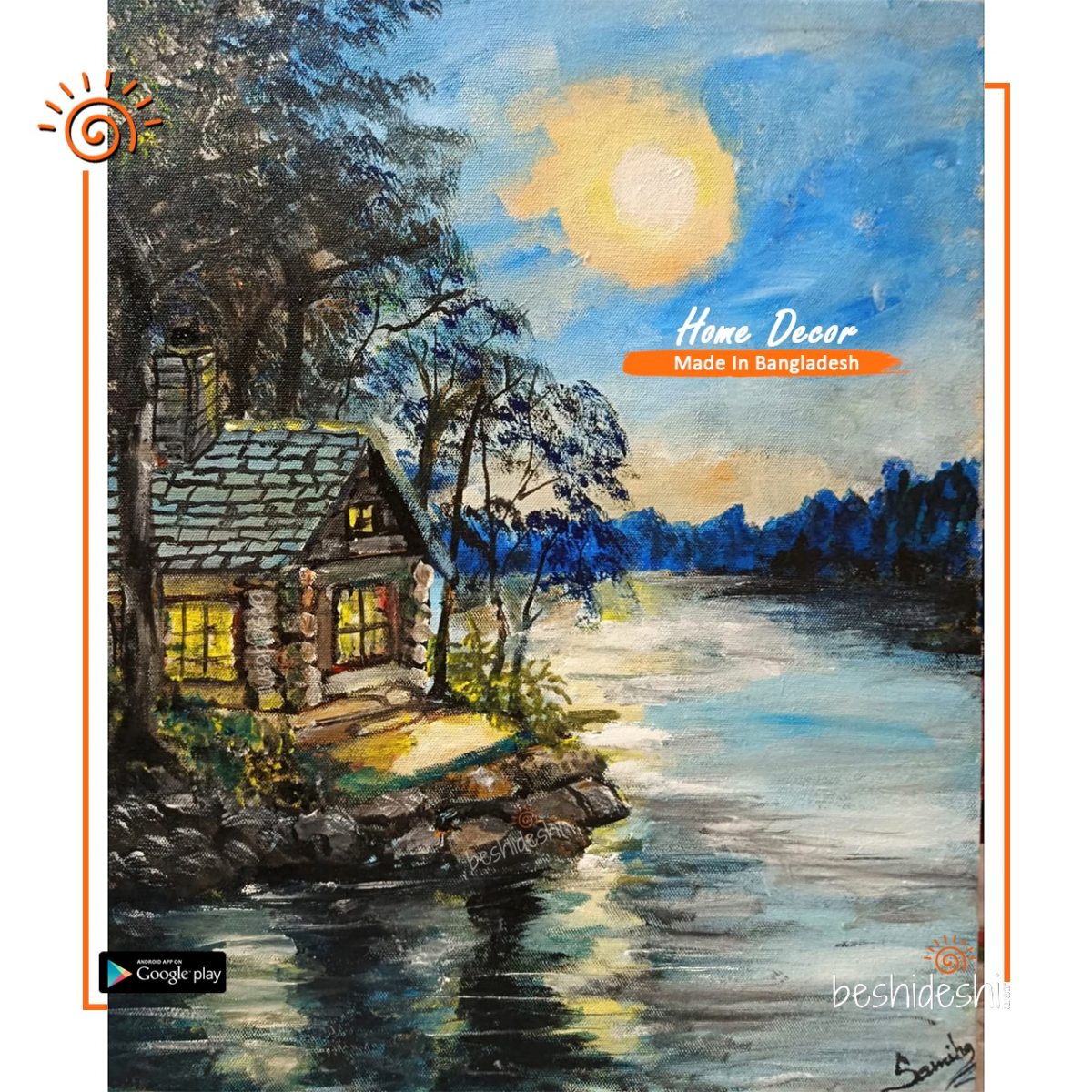 "Cabin by The Moonlight Lake" Hand Painted Canvas